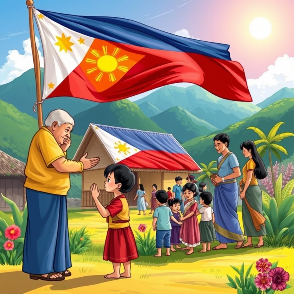 A heartfelt illustration celebrating key aspects of Philippine culture, focusing on 'pagmamano', 'bayanihan', and the Philippine flag