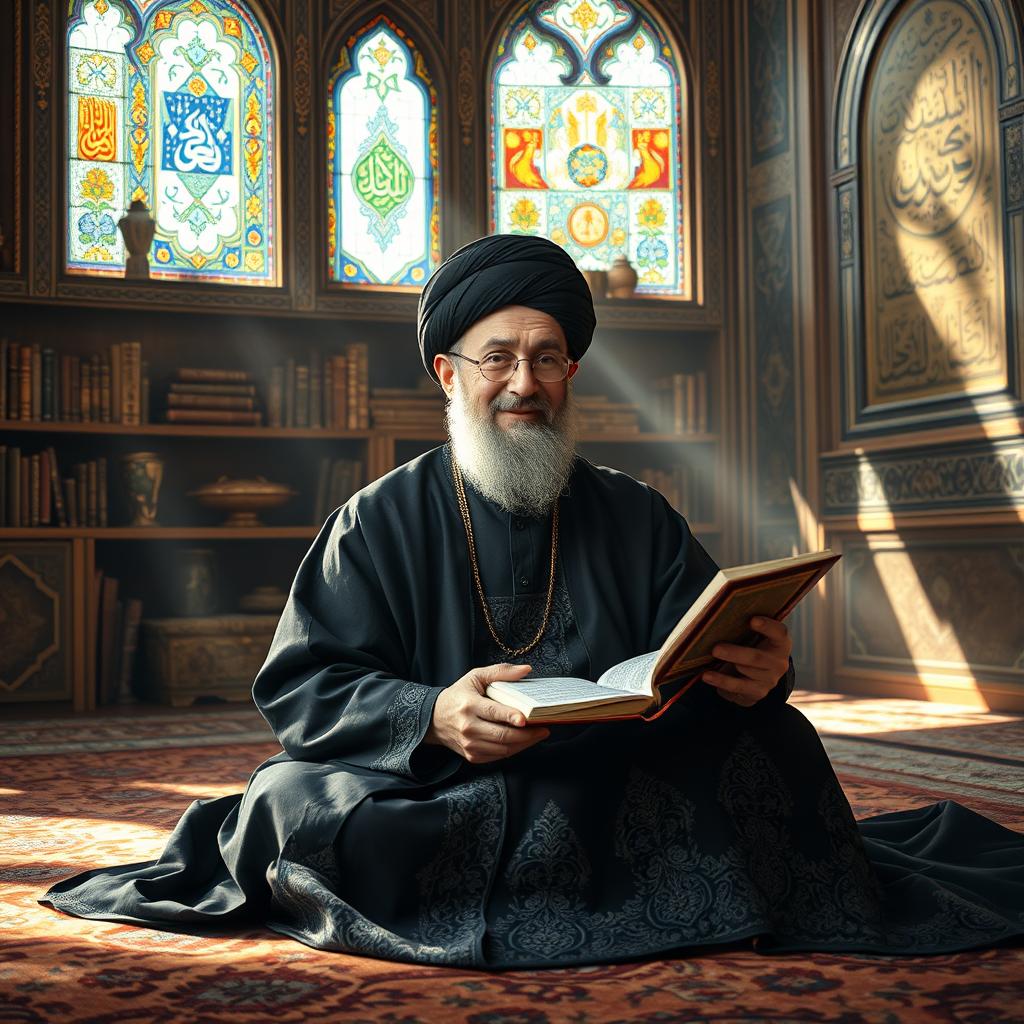 A serene, evocative portrayal of a traditional Iranian cleric (Akhund) in a beautiful, richly decorated room