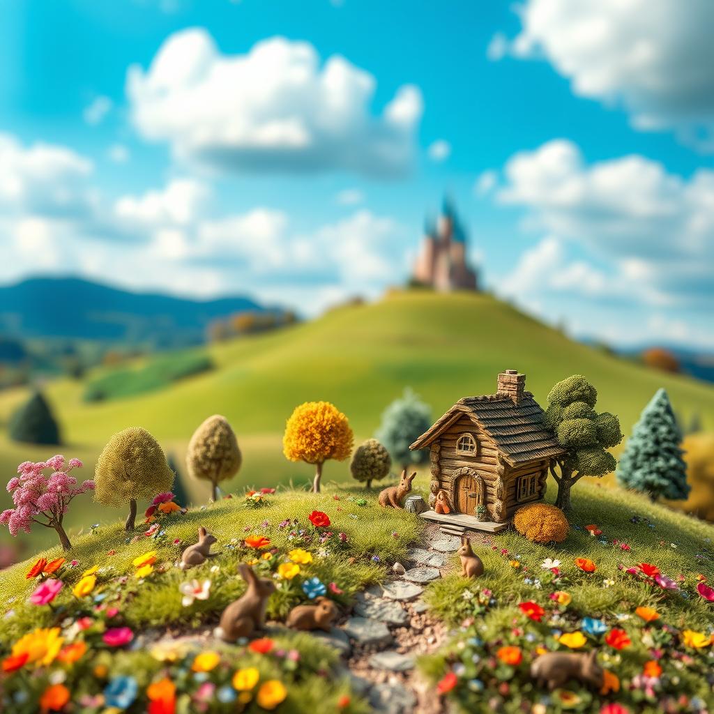 A whimsical scene depicting a miniaturized world where everything is tiny, including a small cottage, miniature trees, and tiny animals like rabbits and squirrels interacting