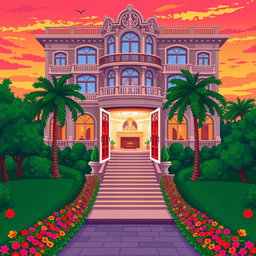 A stunning five-star hotel depicted in a pixel art style, showcasing elegant architecture with a luxurious facade