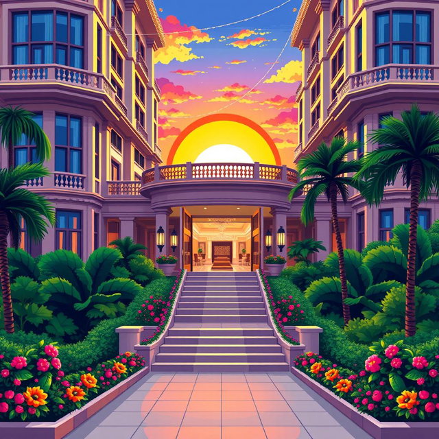 A stunning five-star hotel depicted in a pixel art style, showcasing elegant architecture with a luxurious facade