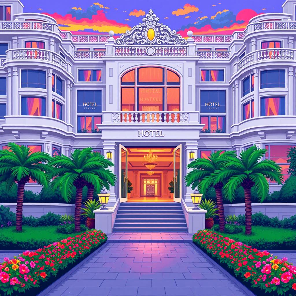 A stunning five-star hotel depicted in a pixel art style, showcasing elegant architecture with a luxurious facade
