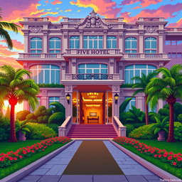 A stunning five-star hotel depicted in a pixel art style, showcasing elegant architecture with a luxurious facade