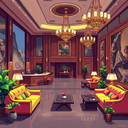 A beautifully designed lobby of a five-star hotel illustrated in a pixel art style