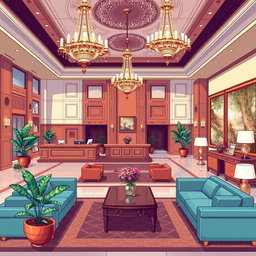 A beautifully designed lobby of a five-star hotel illustrated in a pixel art style
