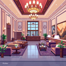 A beautifully designed lobby of a five-star hotel illustrated in a pixel art style