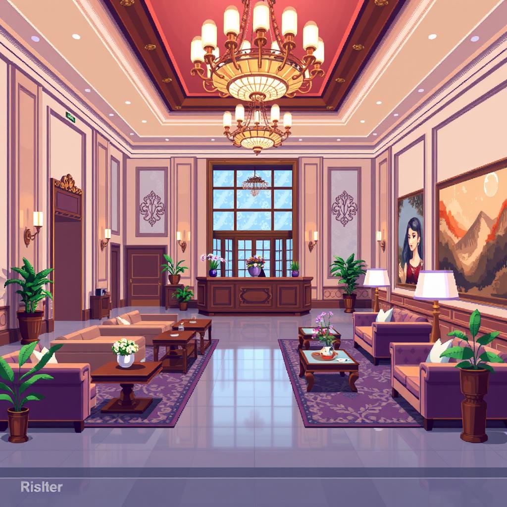 A beautifully designed lobby of a five-star hotel illustrated in a pixel art style