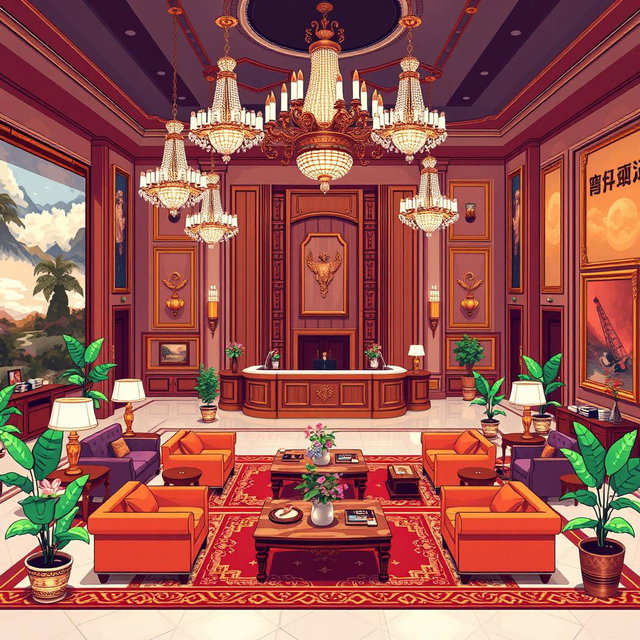 A beautifully designed lobby of a five-star hotel illustrated in a pixel art style