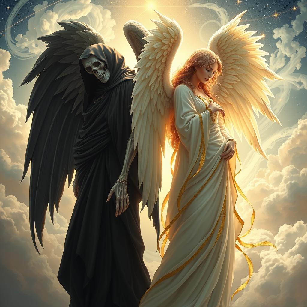 A striking portrayal of the Angel of Death and Health, a beautiful and ethereal figure representing contrasting themes of mortality and vitality
