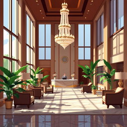 A luxurious hotel lobby designed in a pixel art style, featuring large windows that allow natural light to pour in