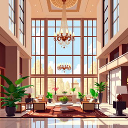 A luxurious hotel lobby designed in a pixel art style, featuring large windows that allow natural light to pour in