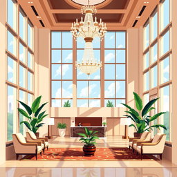 A luxurious hotel lobby designed in a pixel art style, featuring large windows that allow natural light to pour in