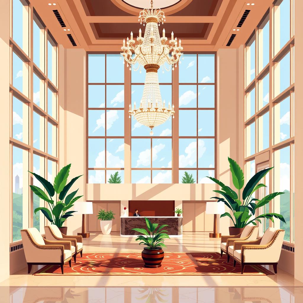 A luxurious hotel lobby designed in a pixel art style, featuring large windows that allow natural light to pour in