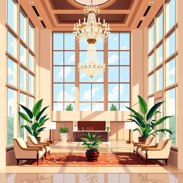 A luxurious hotel lobby designed in a pixel art style, featuring large windows that allow natural light to pour in