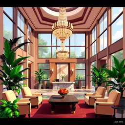 A luxurious hotel lobby designed in a pixel art style, featuring large windows that allow natural light to pour in