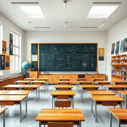 A spacious and rectangular physics classroom, featuring large windows that provide ample natural light, minimalist wooden desks arranged neatly, and a chalkboard filled with colorful diagrams and formulas