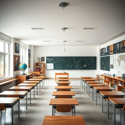 A spacious and rectangular physics classroom, featuring large windows that provide ample natural light, minimalist wooden desks arranged neatly, and a chalkboard filled with colorful diagrams and formulas