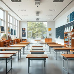 A spacious and rectangular physics classroom, featuring large windows that provide ample natural light, minimalist wooden desks arranged neatly, and a chalkboard filled with colorful diagrams and formulas