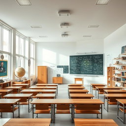 A spacious and rectangular physics classroom, featuring large windows that provide ample natural light, minimalist wooden desks arranged neatly, and a chalkboard filled with colorful diagrams and formulas