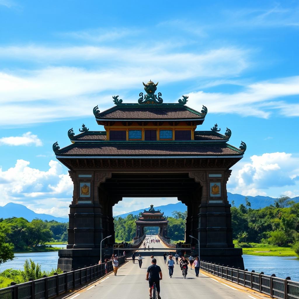 A stunning view of the Majapahit Bridge, showcasing its majestic structure with vibrant colors against a clear blue sky