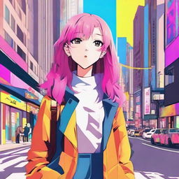 Generate an anime style character with bright, colorful aesthetics in a vivid cityscape setting.