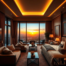 A luxurious interior design of a five-star hotel room featuring elegant furnishings, rich textures, and a warm color palette
