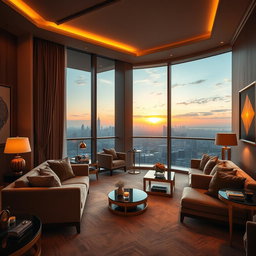 A luxurious interior design of a five-star hotel room featuring elegant furnishings, rich textures, and a warm color palette