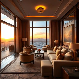 A luxurious interior design of a five-star hotel room featuring elegant furnishings, rich textures, and a warm color palette