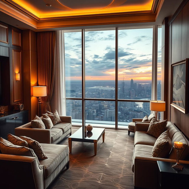 A luxurious interior design of a five-star hotel room featuring elegant furnishings, rich textures, and a warm color palette