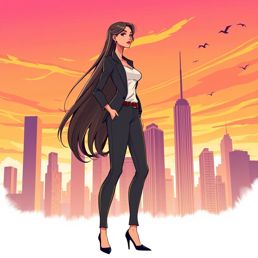 An illustration depicting a tall, slender woman standing confidently against a vibrant city skyline during sunset
