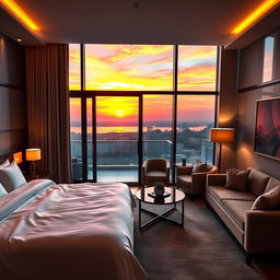 A luxurious five-star hotel room interior design featuring a plush king-size bed with elegant linens, positioned near a large glass balcony door
