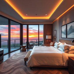 A luxurious five-star hotel room interior design featuring a plush king-size bed with elegant linens, positioned near a large glass balcony door
