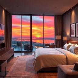 A luxurious five-star hotel room interior design featuring a plush king-size bed with elegant linens, positioned near a large glass balcony door