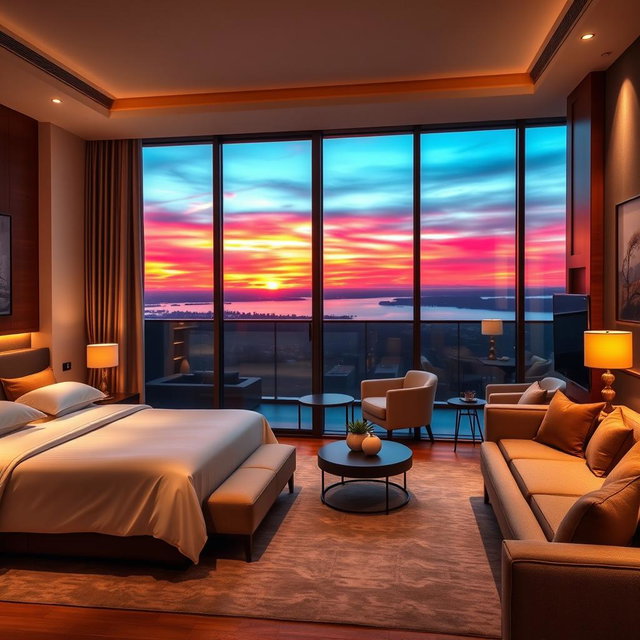 A luxurious five-star hotel room interior design featuring a plush king-size bed with elegant linens, positioned near a large glass balcony door