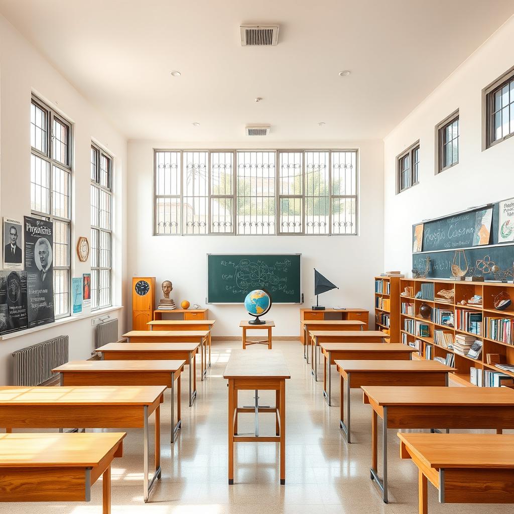 A spacious and rectangular physics classroom, featuring large windows with iron bars that provide security while allowing natural light to flood in