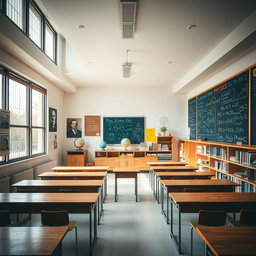 A spacious and rectangular physics classroom, featuring large windows with iron bars that provide security while allowing natural light to flood in