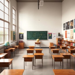 A spacious and rectangular physics classroom, featuring large windows with iron bars that provide security while allowing natural light to flood in