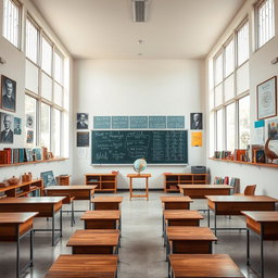 A spacious and rectangular physics classroom, featuring large windows with iron bars that provide security while allowing natural light to flood in