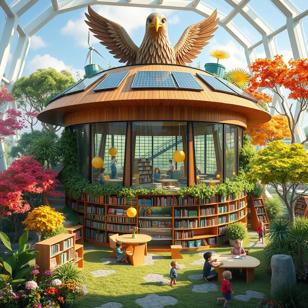 A vibrant children's library nestled in an eco-metropolis, featuring an eagle-shaped roof that symbolizes freedom and inspiration