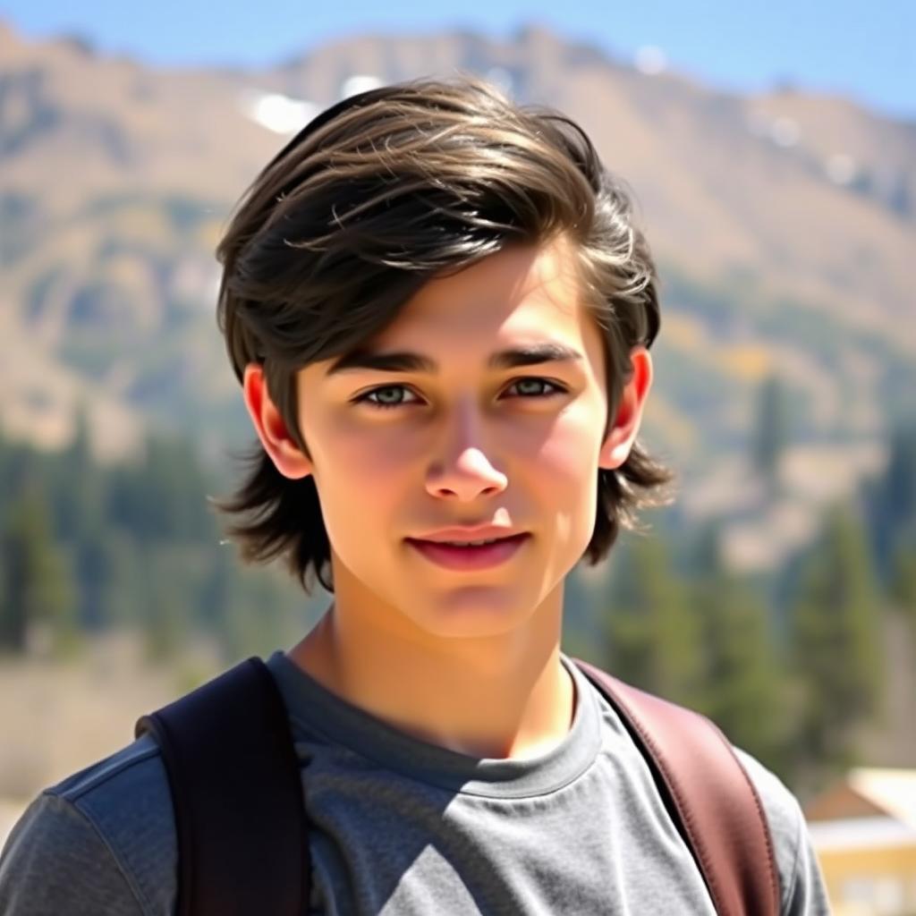 A handsome 20-year-old male with medium-length dark hair, wearing a stylish casual outfit, standing confidently outdoors against a scenic backdrop of mountains and trees