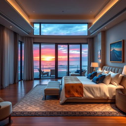 A luxurious five-star hotel room interior design featuring a king-size bed with plush bedding, elegantly arranged pillows, and a chic headboard