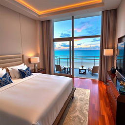 A luxurious five-star hotel room interior design featuring a king-size bed with plush bedding, elegantly arranged pillows, and a chic headboard