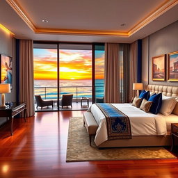 A luxurious five-star hotel room interior design featuring a king-size bed with plush bedding, elegantly arranged pillows, and a chic headboard