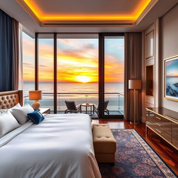 A luxurious five-star hotel room interior design featuring a king-size bed with plush bedding, elegantly arranged pillows, and a chic headboard