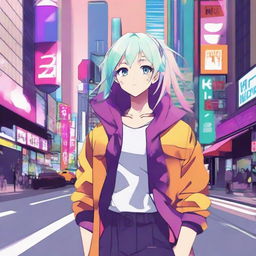 Generate an anime style character with bright, colorful aesthetics in a vivid cityscape setting.