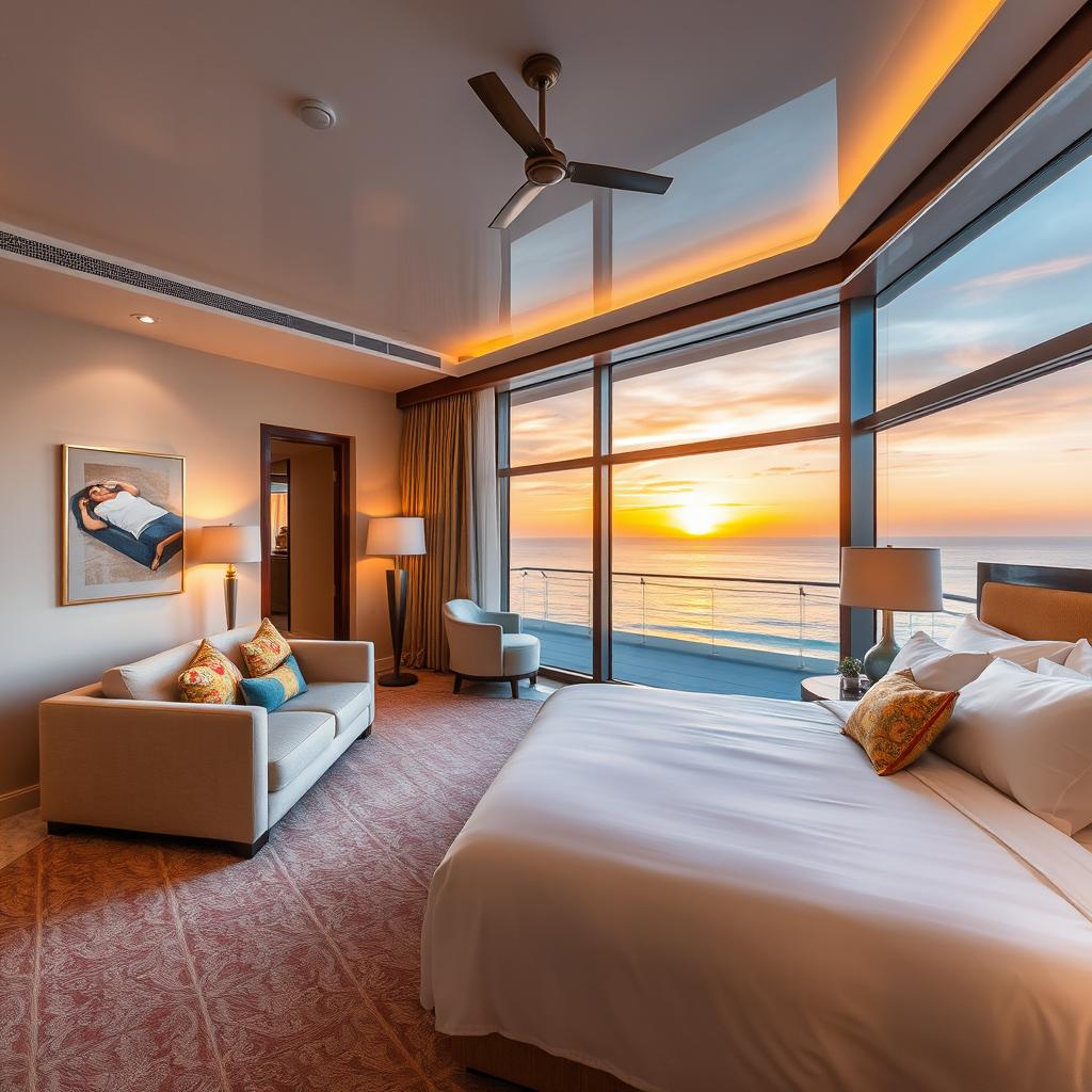 An elegantly designed luxurious hotel room featuring a spacious king-size bed with plush white linens, a stylish beige couch with colorful throw pillows, and a large glass balcony overlooking a stunning sunset on a serene beach