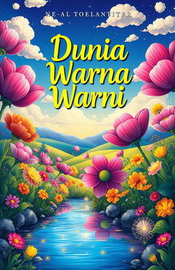 An enchanting book cover illustration for a novel titled 'Dunia Warna Warni'