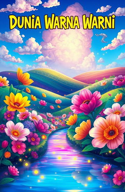 An enchanting book cover illustration for a novel titled 'Dunia Warna Warni'