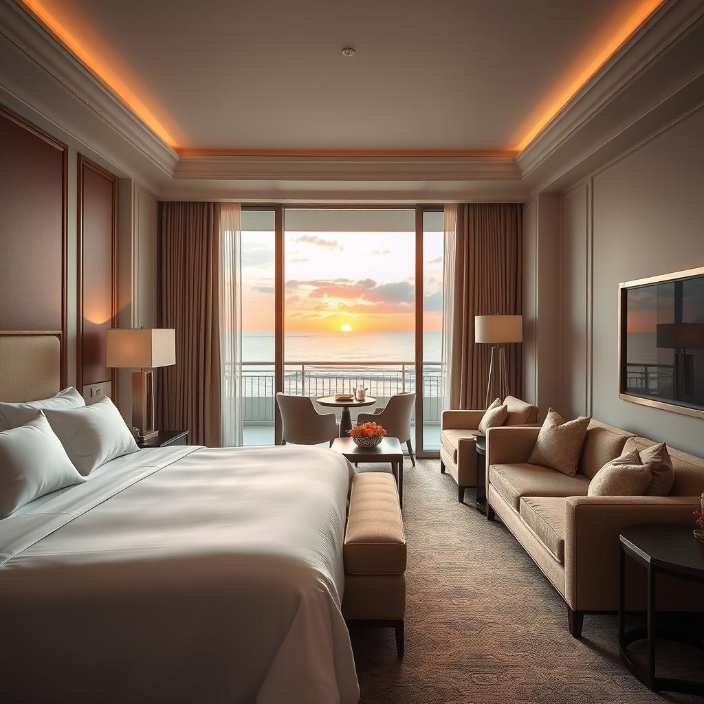 An elegant hotel room interior design featuring a luxurious bed with plush bedding, a stylish couch arranged for comfort, and a picturesque balcony overlooking a beautiful sunset and beach