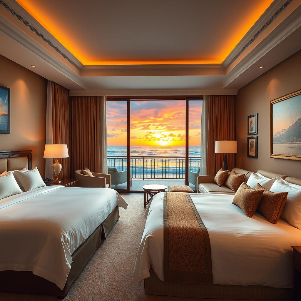An elegant interior design of a five-star hotel room featuring a luxurious king-sized bed with plush bedding, a comfortable couch elegantly arranged, and a spacious balcony offering stunning views of a vibrant sunset over a pristine beach
